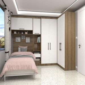 Quarto Canto Solteiro Guarda-roupas Cabeceira Mesa Avelã