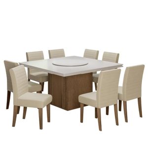 Conjunto De Mesa Sala De Jantar Com Tampo Giratório 1,36M 8 Cadeiras Cedro / Off White / Areia