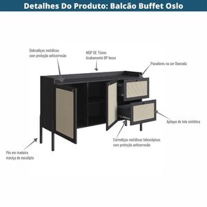 Balcão Buffet 2 Portas Oslo Artesano 139 Cm (largura) Mdp Nero Palha Sintética Bege Pé Madeira