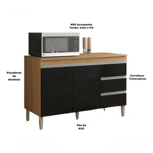 Balcão Gabinete para Pia Andreia 120cm 2 Portas 3 Gavetas - Ajl Móveis Amendoa com Preto