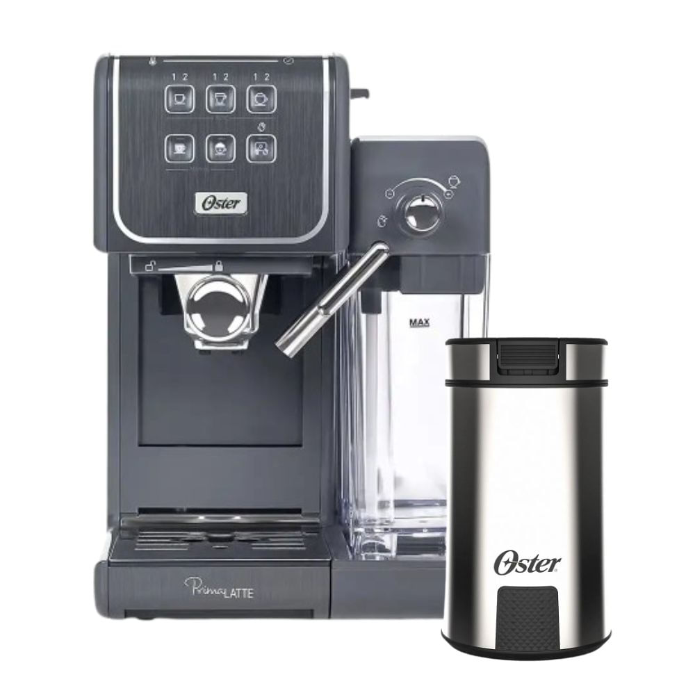 Compre Cafeteira Espresso Oster PrimaLatte Cinza e Ganhe Moedor de Café Oster Inox OMDR100