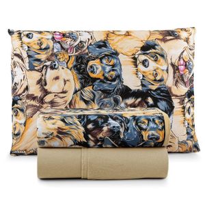Jogo Cama Lençol Casa Scarpa Sonnet Solteiro Malha Estampada Algodão 3 Peças - Cachorros Pet - Mostarda