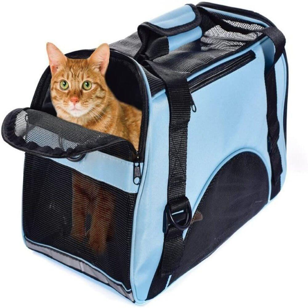 Encontraproduto.com.br - Mochila Pet Cachorro Bolsa Transporte Gato Canguru Caes Mala Dobravel Viagem Aviao Carro Azul
