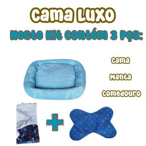 Kit Cama Pet Bigata M Luxo Fofa Com Comedouro E Manta Azul Claro