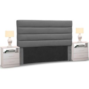 Cabeceira Casal Suede Cinza e 2 Mesas de Cabeceira Branco