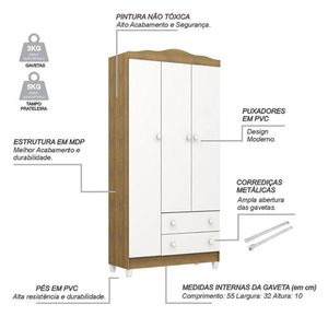 Berço Americano New Nanda Com Guarda Roupa Infantil Mel Flat 3 Portas Branco Acetinado Amadeirado - Carolina