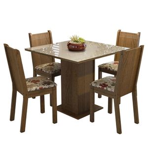 Conjunto Sala De Jantar Mesa Tampo De Vidro 4 Cadeiras Rustic/crema/hibiscos