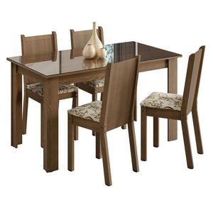 Conjunto Jantar Mesa Vidro 4 Cadeiras Rústico/Lírio Bege