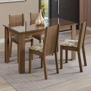 Conjunto Jantar Mesa Vidro 4 Cadeiras Rústico/Lírio Bege