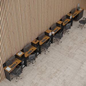 Conjunto De Escritório Smart 5 Livreiro 1 Buffet E 6 Mesas 90cm - Preto E Cedro Preto E Cedro
