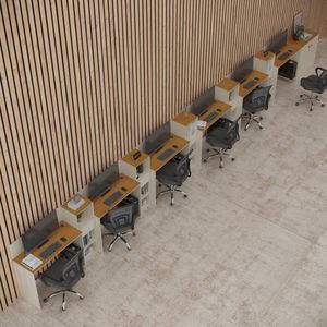 Conjunto De Escritório Smart 5 Livreiro 1 Buffet E 6 Mesas 90cm - Off White E Cedro Off White E Cedro