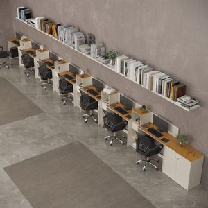 Conjunto De Escritório Smart 6 Livreiro 1 Buffet E 7 Mesas 90cm - Off White E Cedro Off White E Cedro