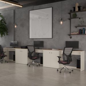 Conjunto De Escritório 5 Peças Smart Office 3 Mesas E 2 Aparador Buffet - Off White E Cedro Off White E Cedro