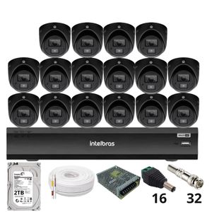 Kit 16 Câmeras Intelbras 3220d Mini Black Com Áudio Dvr Intelbras Imhdx 3132 Inteligência Artificial Hd 2tb