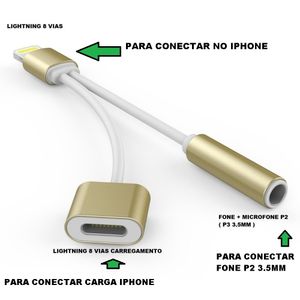 Cabo Adaptador Lightning Splliter Carregador Fone P2