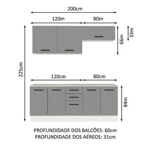 Kit 2 Balcões e 2 Armários Aéreos 200cm Branco/cinza