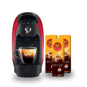 Compre Cafeteira Espresso Tres 3 Corações Luna Vermelha e Ganhe 3 unidades Cappuccino Três Classic Caixa 10 Cápsulas 110g