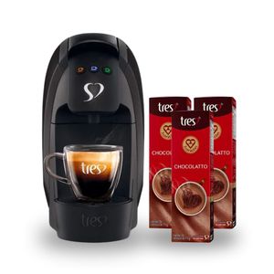 Compre Cafeteira Espresso Tres 3 Corações Luna Preta e Ganhe 3 unidades Achocolatado Três Chocolatto com 10 Cápsulas 110g