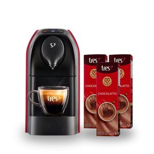 Compre Cafeteira Espresso Tres 3 Corações Passione Vermelha e Ganhe 3 unidades Achocolatado Três Chocolatto com 10 Cápsulas 110g