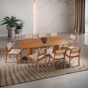 Mesa De Jantar Noronha 220cm Madeira Tampo Barril 8 Cadeiras Eva Milano / Imbuia Nat.