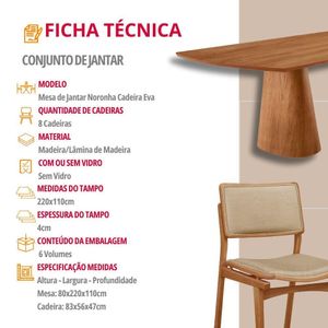 Mesa De Jantar Noronha 220cm Madeira Tampo Barril 8 Cadeiras Eva Turim 07 / Imbuia Nat.