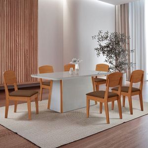 Mesa Diane 180cm Tampo Mdf Vidro Canto Copo Com 6 Cadeiras Vel Marrom /off /naturale /serig Off