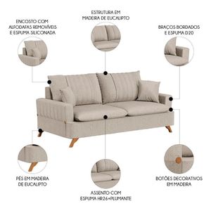 Sofá 200cm 3 Lugares Com Almofadas Pés Curvos Veras Linho D05 Bege - Mpozenato