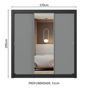 Guarda-roupa Casal 3 Portas Correr Espelho Preto/cinza