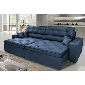 Sofá Austin 2,22m Retrátil, Reclinável Com Molas No Assento E Almofadas, Suede Azul Cama Inbox