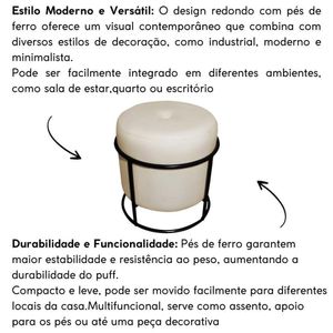 Puff Decorativo Redondo Para Sala Quarto Argola Pérola Bege Base Pés Preto
