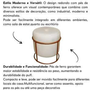 Puff Decorativo Redondo Para Sala Argola Pérola Bege Base Pés bronze tecido veludo