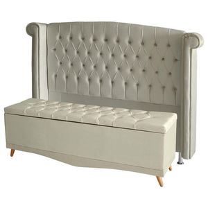 Kit Cabeceira De Cama Box E Calçadeira Baú Malibu King 195 Cm Suede Porcelana Eli Móveis