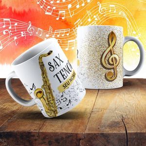 Caneca De Porcelana 325ml Com Estampa De Instrumentos Musicais Saxofone 2