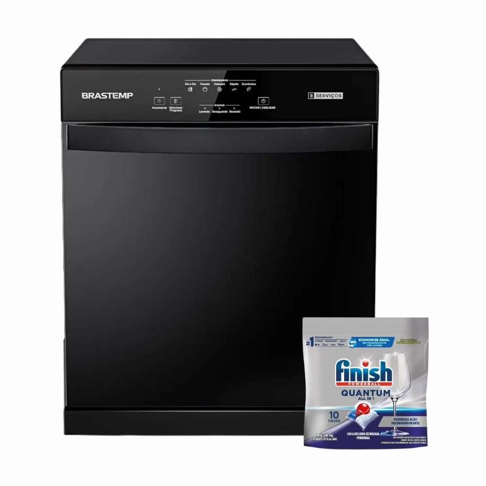 Compre Lava-Louças Brastemp 8 Serviços Preto BLF08AE e Ganhe Detergente para Lava-Louças Finish Powerball Quantum Ultimate