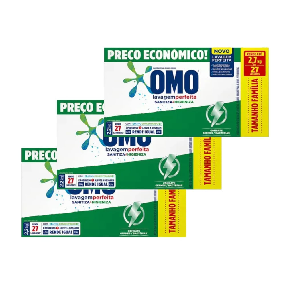 Kit Sabão em Pó Omo Lavagem Perfeita Sanitiza & Higieniza 2.2Kg Tamanho Família c/3 Unidades