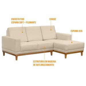 Sofá Kayrós 200cm 3 Lugares com Chaise D05 Suede Bege