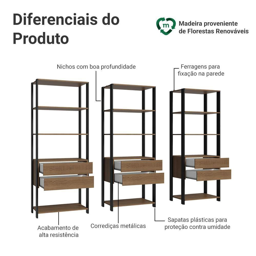 Estante Armário Multiuso Para Livros 6 Gavetas 12 Prateleiras 210cm Rustic/preto Madesa Xa Rustic/preto