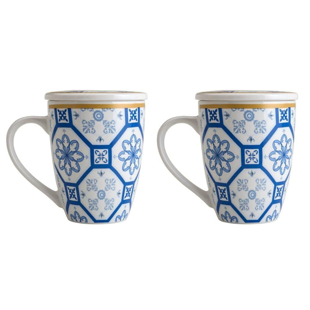 Encontraproduto.com.br - Kit 02 Canecas Para Chá De Porcelana Com Tampa 340 Ml Lyor