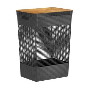 Cesto de Roupa  Plástico e Bambu Grid Preto 49 Litros - OU