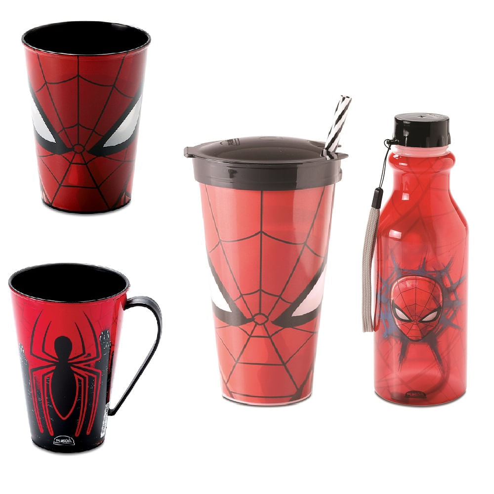Kit Homem Aranha 3 Copos diferentes e Garrafa retro - Marvel