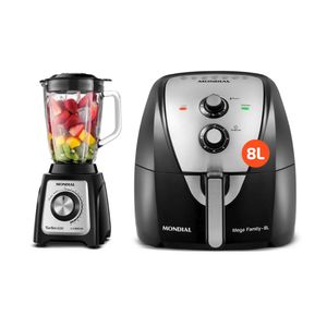 Kit Liquidificador Mondial Turbo Glass Preto L-1400-GI e Fritadeira Air Fryer Mondial 8L Preto AFN80