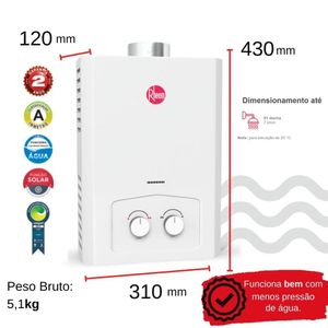 Aquecedor 7 litros mecânico com sensor de Fluxo GLP Rheem