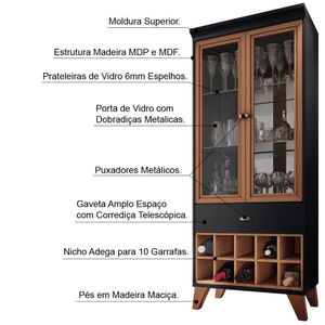 Conjunto Cristaleira Bar Adega e Buffet Aparador Balcão Albâni/Andorra Preto/Nature G26 - Gran Belo