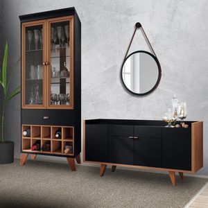 Conjunto Cristaleira Bar Adega e Buffet Aparador Balcão Albâni/Andorra Preto/Nature G26 - Gran Belo