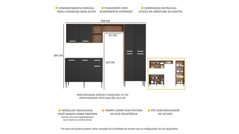 Armário de Cozinha Compacta Pequim UP Multimóveis com Balcão - Preto