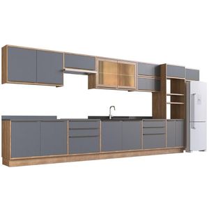 Cozinha Completa 100% MDF Modular Édez Uno, 14 Peças, Grafite e Louro Freijó
