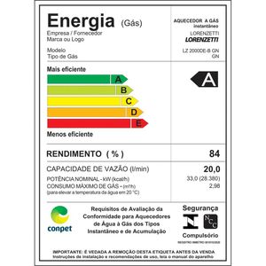 Aquecedor de Água Gás Natural Lorenzetti LZ 2000DE, 20 Litros, Exaustão Forçada