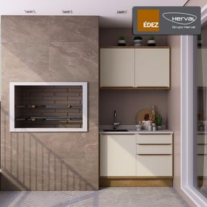 Cozinha Modulada Compacta, 2 Peças 100% MDF, Édez Uno, Off White e Louro Freijó