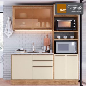 Cozinha Modulada Compacta, 3 Peças 100% MDF com Vidro, Édez Uno, Off White e Louro Freijó