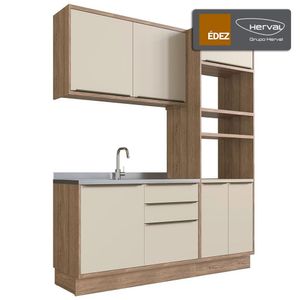 Cozinha Modulada Compacta, 3 Peças 100% MDF, Édez Uno, Off White e Louro Freijó